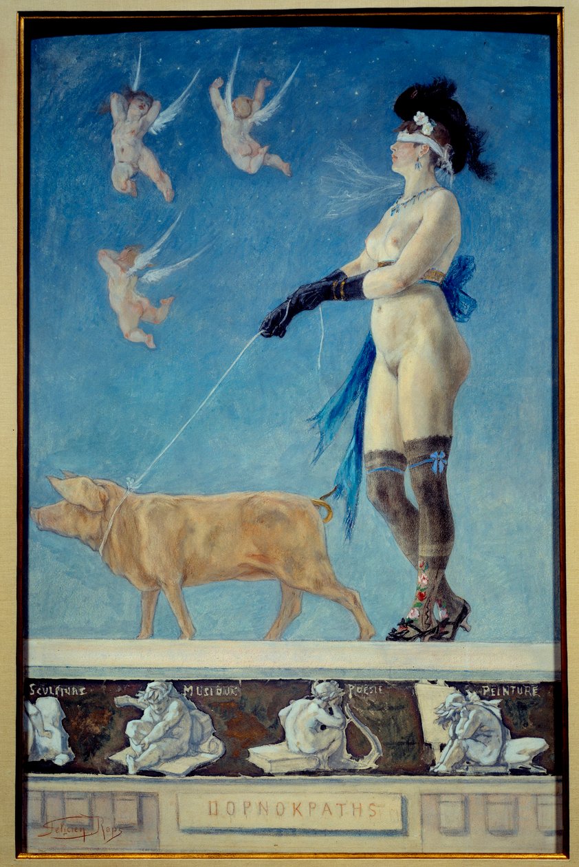 Pornokraty. Naga kobieta w pończochach z zawiązanymi oczami jest ciągnięta przez trzymaną na smyczy świnię - pornograficzny obraz Feliciena Ropsa (1833-1898) Ec Belg autorstwa Félicien Rops