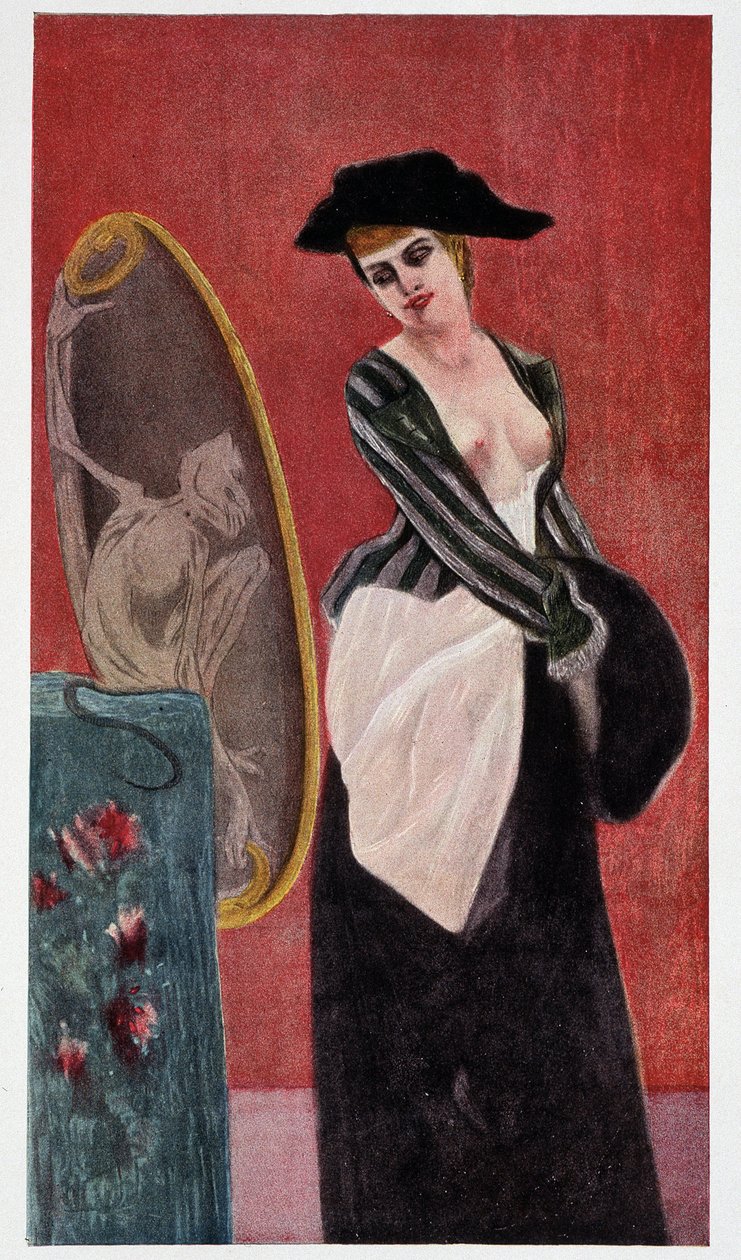 Demon chciwości: potworne odbicie kobiety patrzącej na siebie w lustrze, „Felicien Rops” Rudolfa Kleina. autorstwa Félicien Rops