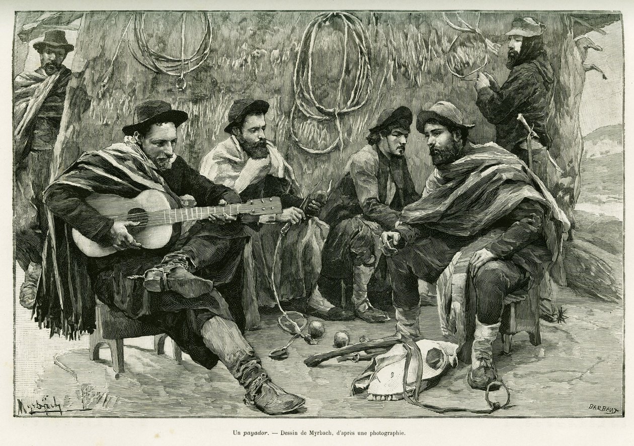 Payador, pojedynek na wiersze chodzących śpiewaków. Grawer Myrbacha, ilustrujący opowiadanie Voyage a la Plata, w 1886 r., autorstwa Emile Daireaux, in le tour du monde 1888, reż. Edouard Charton (1807-1890), Hachette, Paryż. autorstwa Felicien baron de Myrbach Rheinfeld
