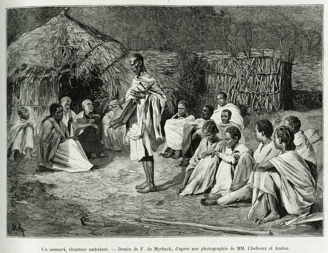Asmari, chodząca piosenkarka. Grawer F. De Myrbacha, po fotografii, ilustrujący opowiadanie Podróż au Choa (Abyssinie meridionale), 1884-1888, Henry Audon, in le tour du monde 1889, reżyseria Edouard Charton (1807-1890), Hachette , Paryż. autorstwa Felicien baron de Myrbach Rheinfeld