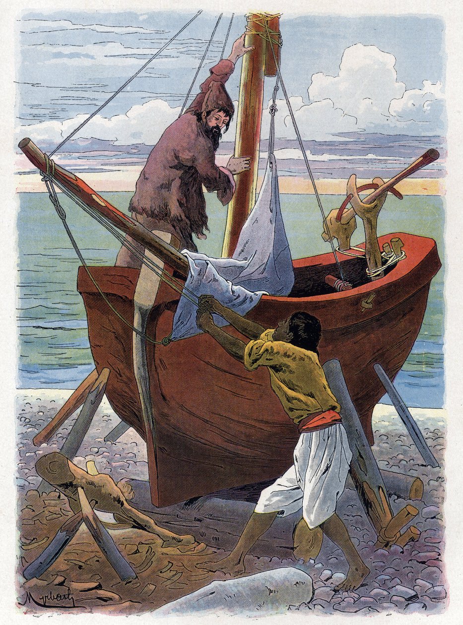 Robinson Crusoe i Friday budują łódź. autorstwa Felicien baron de Myrbach Rheinfeld