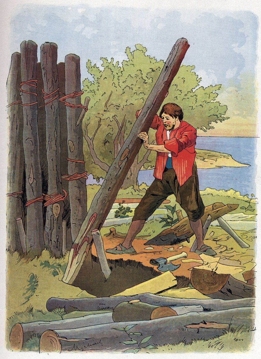 Robinson Crusoe zbudował swój pierwszy dom. autorstwa Felicien baron de Myrbach Rheinfeld