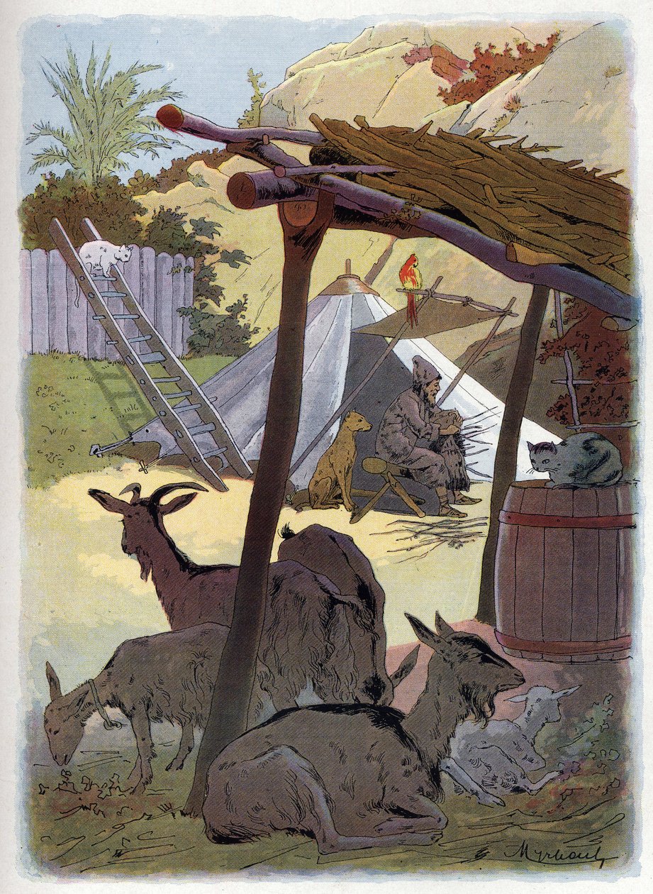 Robinson Crusoe do domu ze swoimi zwierzętami. autorstwa Felicien baron de Myrbach Rheinfeld