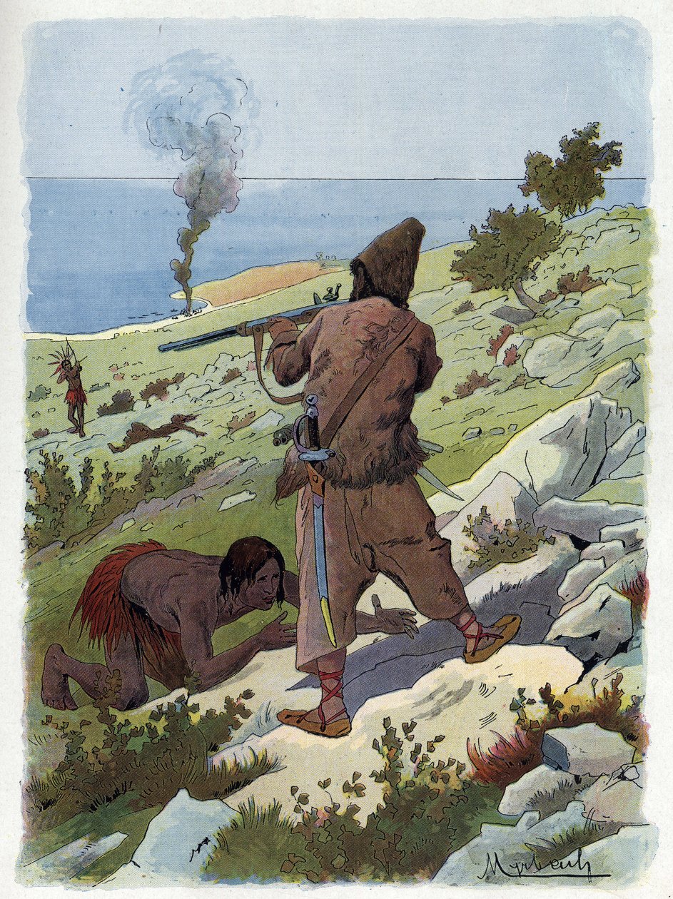 Robinson Crusoe zabija dzikusów ścigających Piątek. autorstwa Felicien baron de Myrbach Rheinfeld