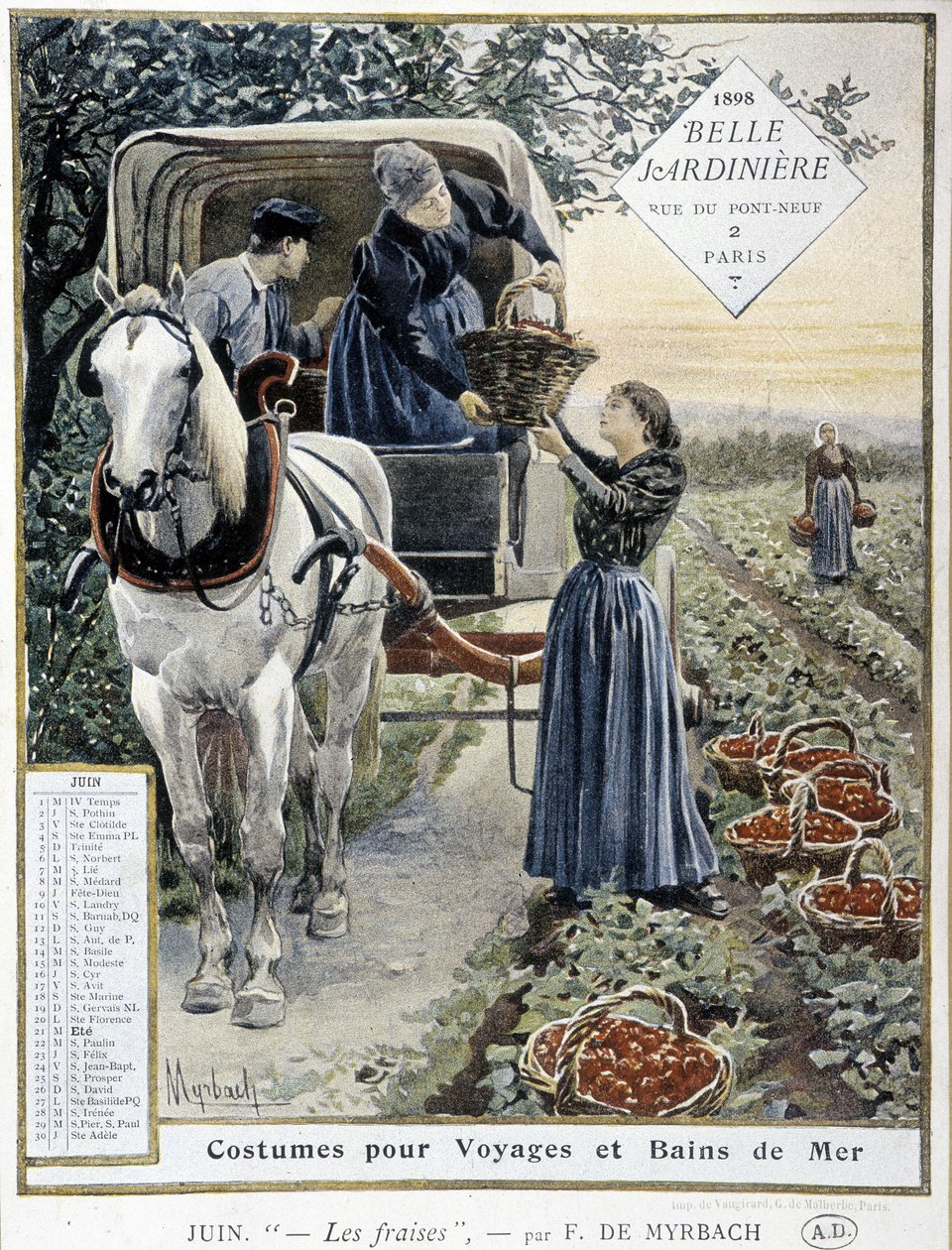 Zbieranie truskawek – Myrbach, kalendarz „Piękna doniczka”, czerwiec 1898 autorstwa Felicien baron de Myrbach Rheinfeld