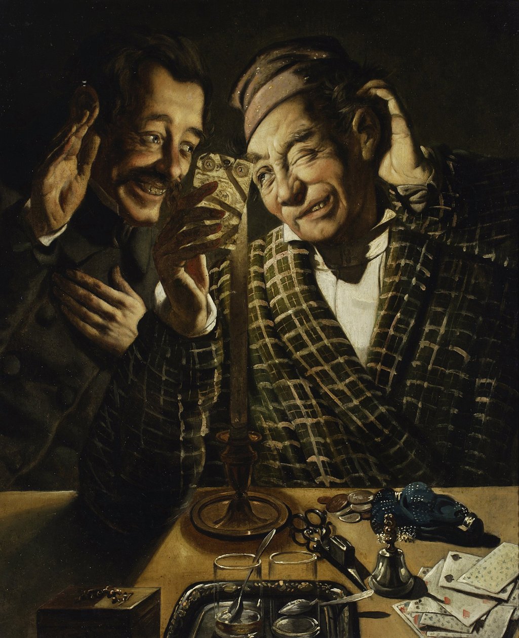 Gracze przy świecach - Hazardziści przy świecach Peczarskiego, Feliksa (1804-1862). Olej na płótnie, format: 75,5x62 autorstwa Feliks Peczarski