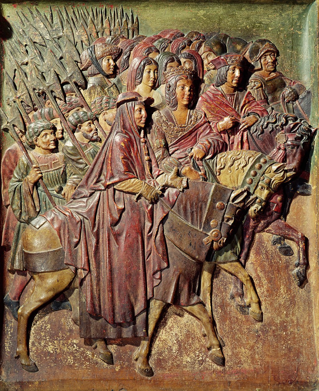 Relief przedstawiający wejście króla Ferdynanda II (1452-1516) Aragonii i królowej Izabeli I (1451-1504) Kastylii w Granadzie (drewno) autorstwa Felipe Bigarny or Vigarny