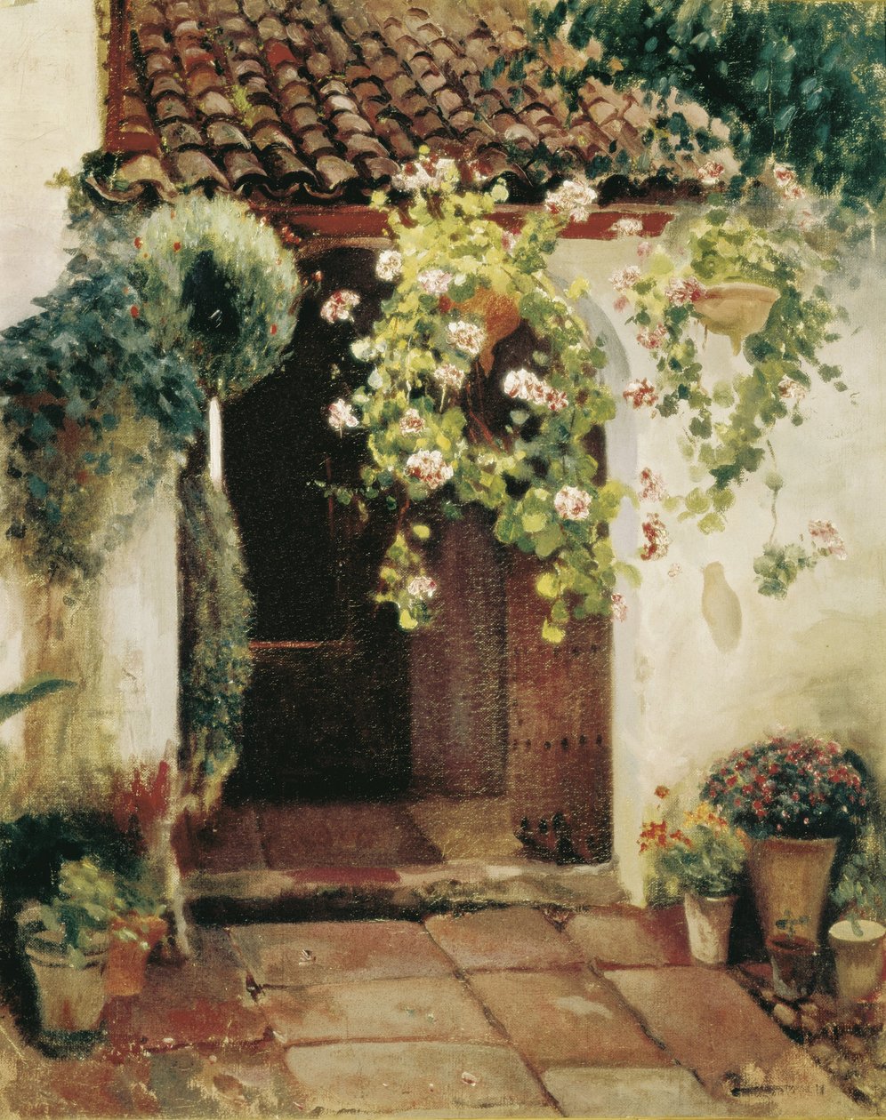 Hol wejściowy z pelargoniami (olej na płótnie) autorstwa Felipe Abarzuza y Rodriguez de Arias