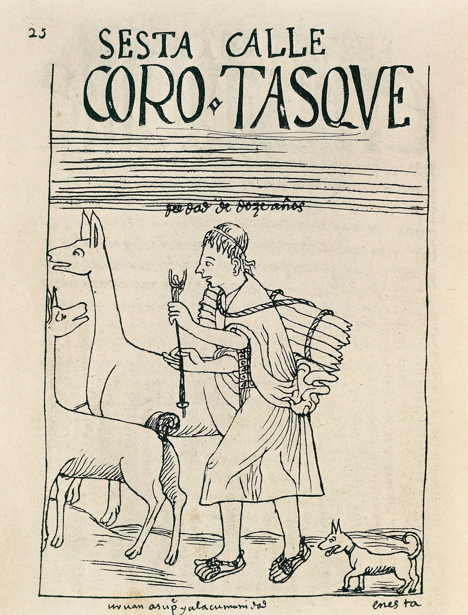Młody mężczyzna pasący lamy i zbierający drewno (rysunek tuszem) autorstwa Felipe Huaman Poma de Ayala