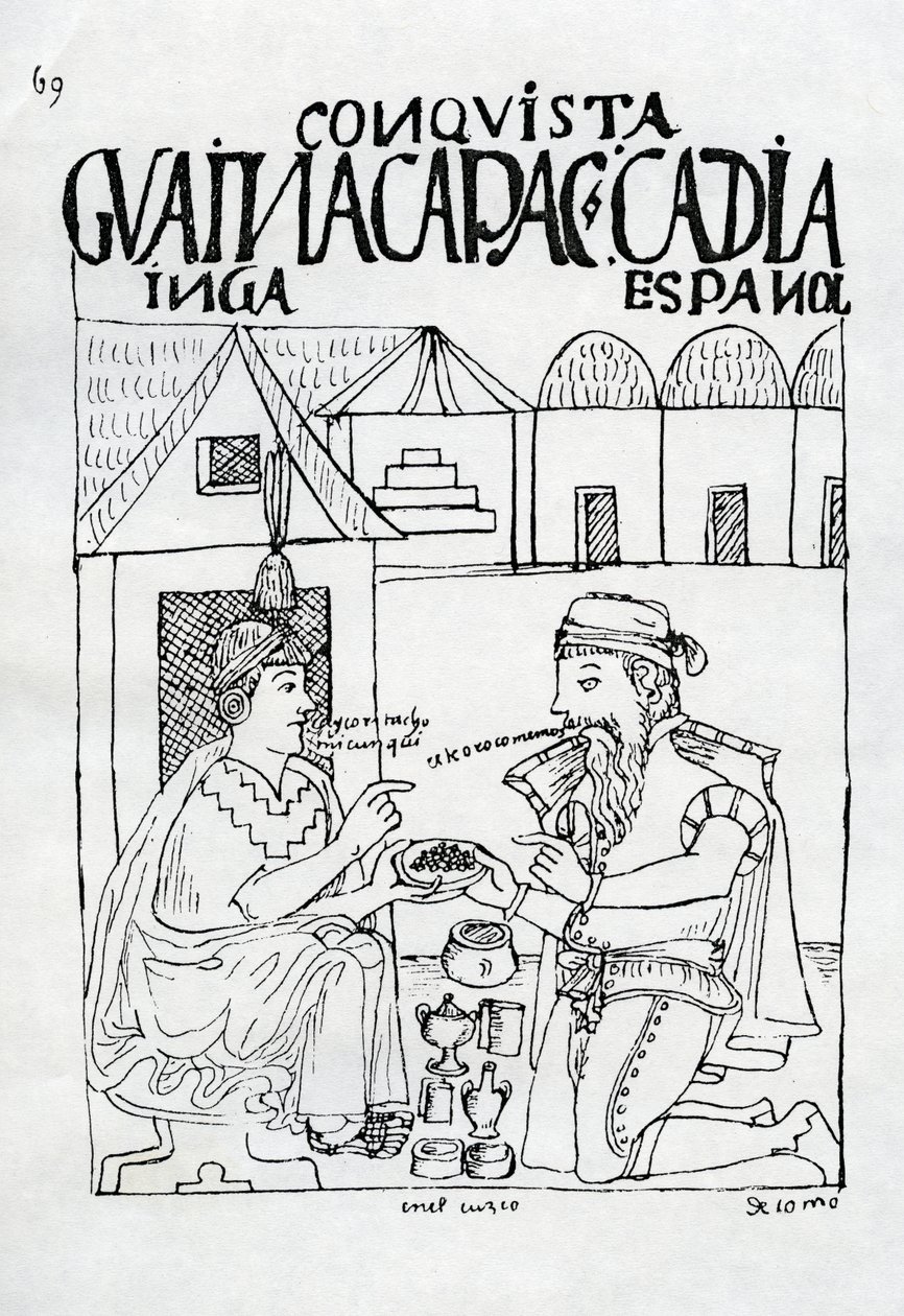 Inca pyta Hiszpana, co je, odpowiada „Złoto” (drzewo) autorstwa Felipe Huaman Poma de Ayala
