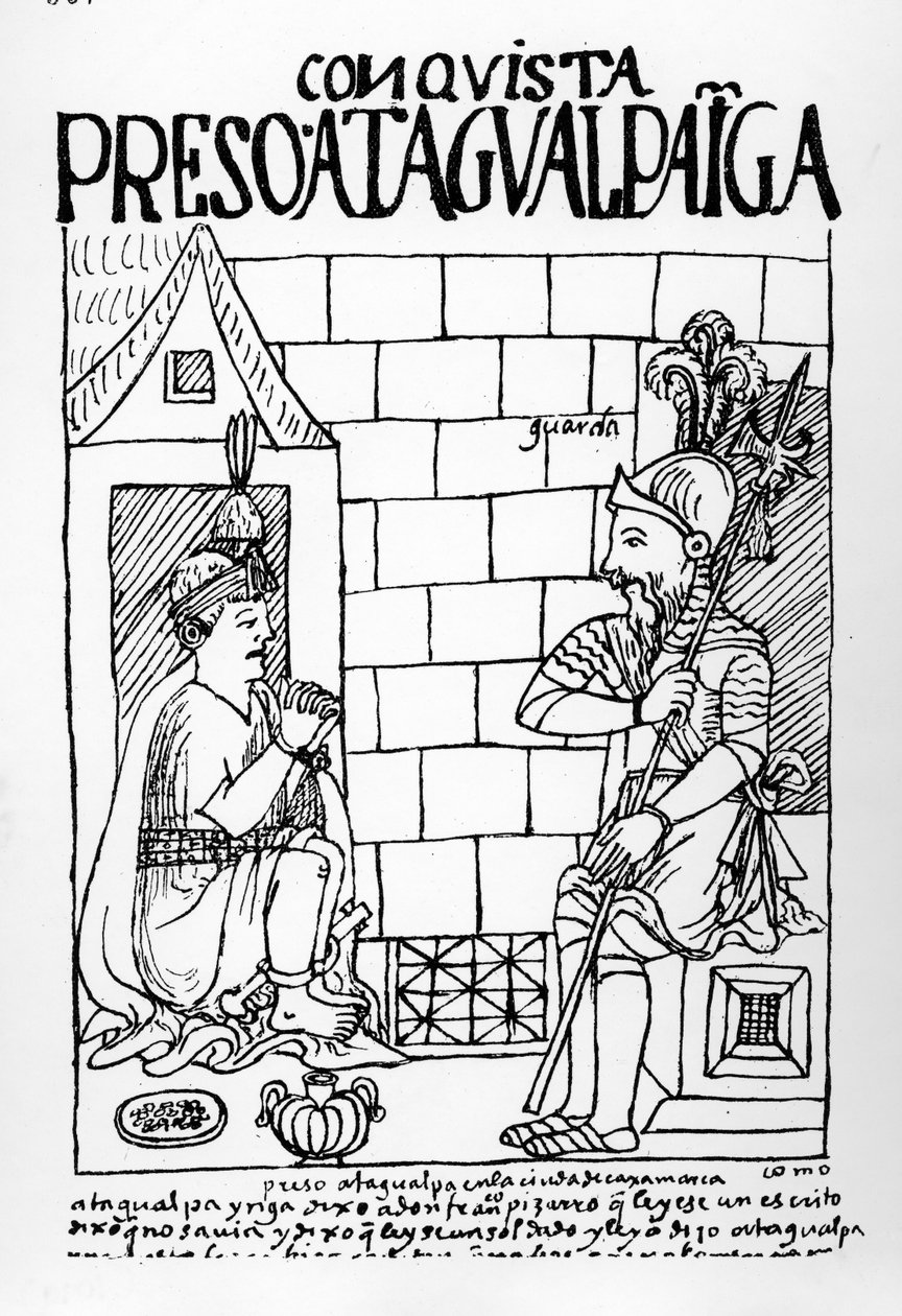 Atahualpa Inca w swoim więzieniu w Cajamarca autorstwa Felipe Huaman Poma de Ayala