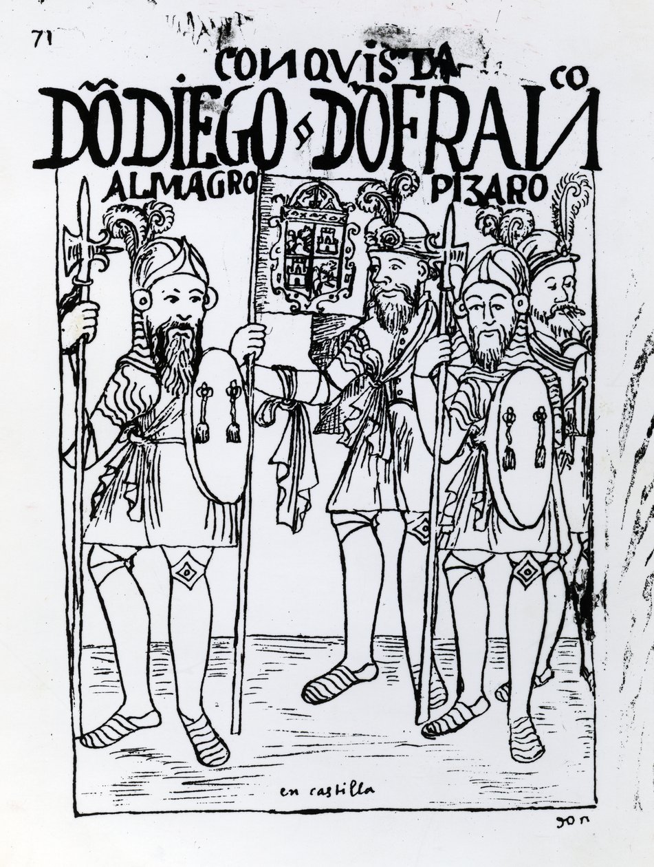 Konkwistadorzy Diego de Almagro i Francisco Pizarro pojednali się w Kastylii autorstwa Felipe Huaman Poma de Ayala