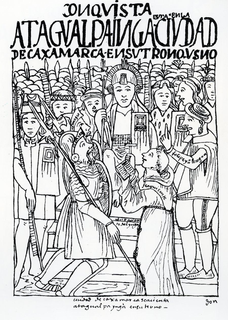 Diego de Almagro, Francisco Pizarro i fra Vicente de Valverde klęczący przed Atahualpą Inką w Cajamarca autorstwa Felipe Huaman Poma de Ayala
