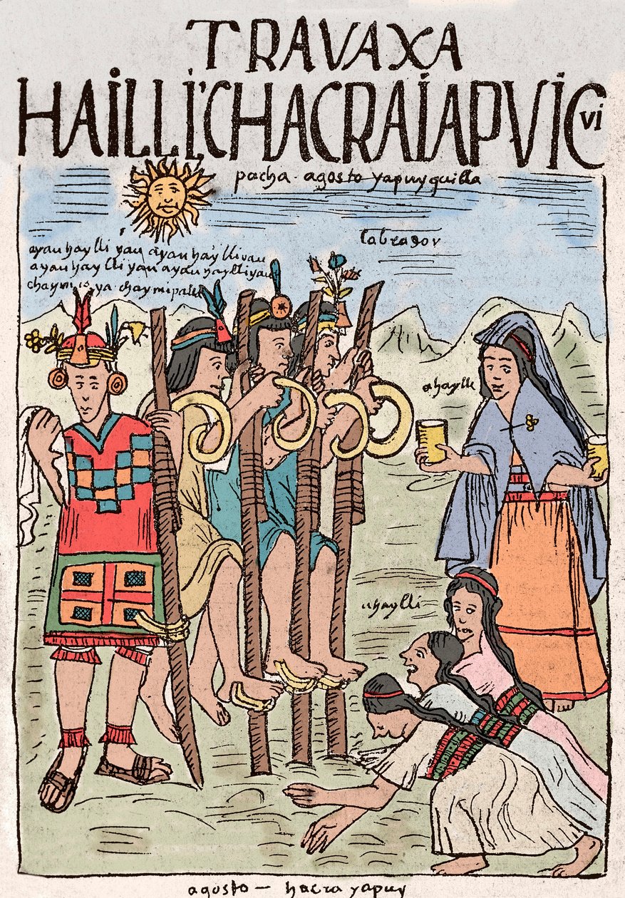 Imperium Inków: początek prac polowych w sierpniu, z okazji wielkiej popularnej uczty, w której brali udział także szlachta – rysunek tuszem z rękopisu „Nueva coronica y buen gobierno” ks. Felipe Pumy de Ayala ilustrujący życie autorstwa Felipe Huaman Poma de Ayala