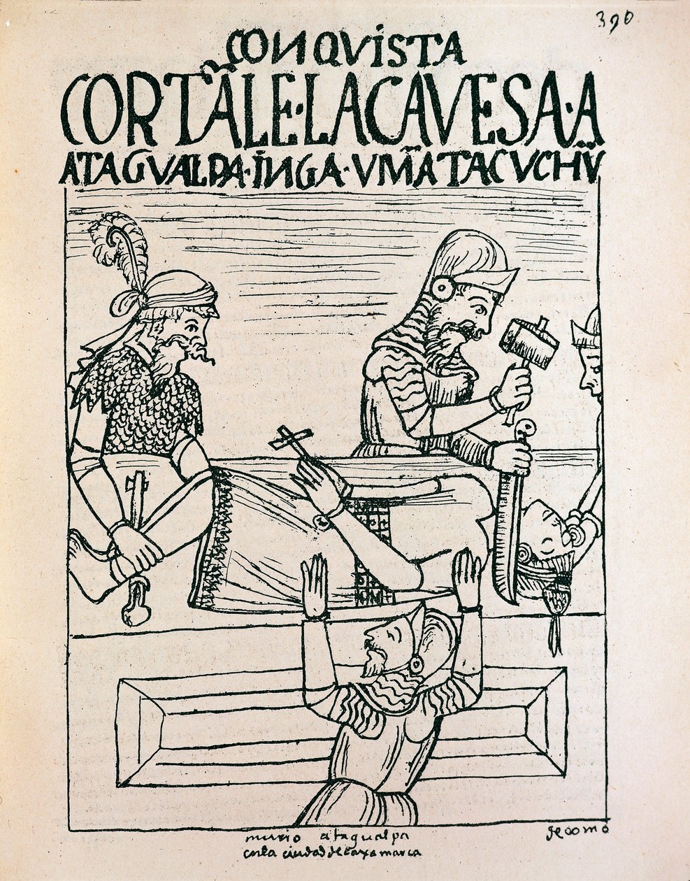 Cesarz Inków Atahualpa stracony przez Hiszpanów w Cajamarca, 28 lipca 1533 (rysunek tuszem autorstwa Felipe Huaman Poma de Ayala