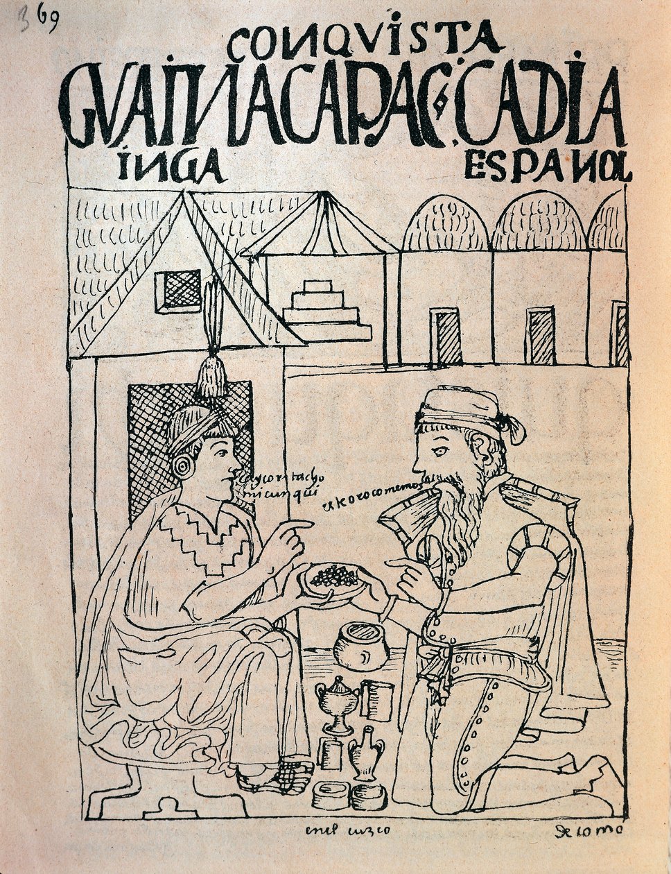 Inca z Cuzco i angielski konkwistador otrzymujący prezenty w zamian za wolność inkaskiego cesarza Atahualpy (rysunek tuszem autorstwa Felipe Huaman Poma de Ayala