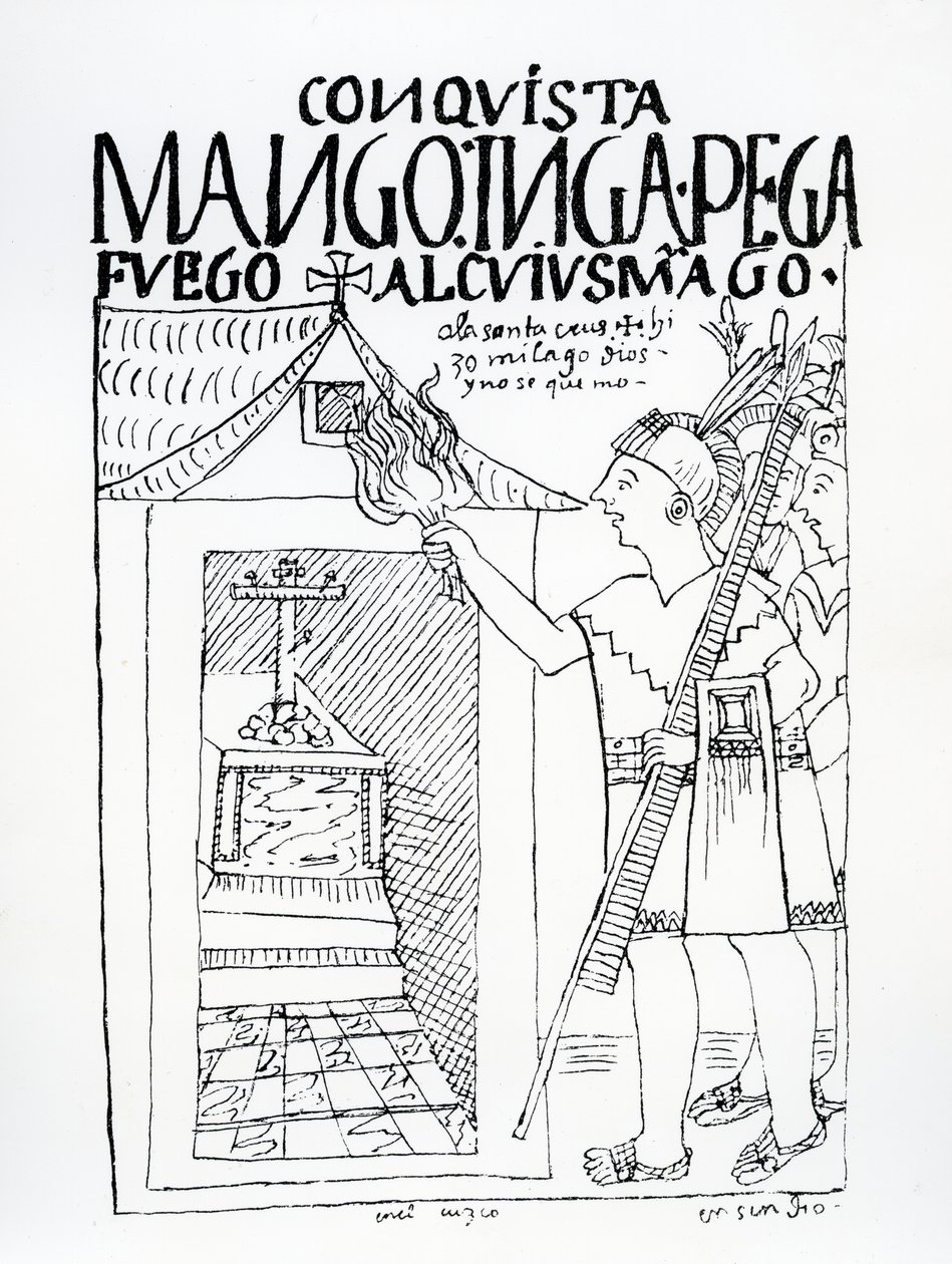 Manco Inca próbuje spalić inkaski pałac Cuyus Mango, który został nawrócony do kultu chrześcijańskiego, ale Bóg interweniuje (drzewryt) autorstwa Felipe Huaman Poma de Ayala
