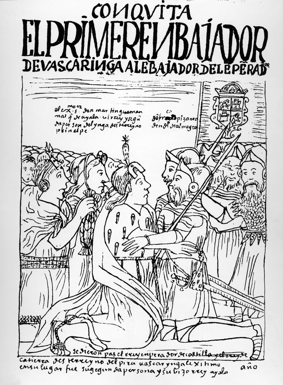 Martin de Ayala wita Francisco Pizarro i Diego de Almagro autorstwa Felipe Huaman Poma de Ayala