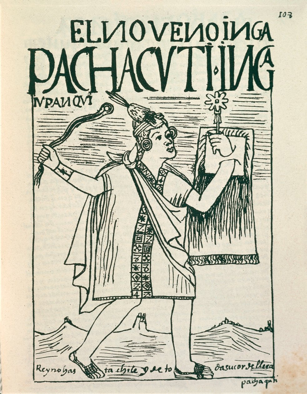 Portret wielkiego cesarza Inków Pachacuteca (rysunek tuszem) autorstwa Felipe Huaman Poma de Ayala