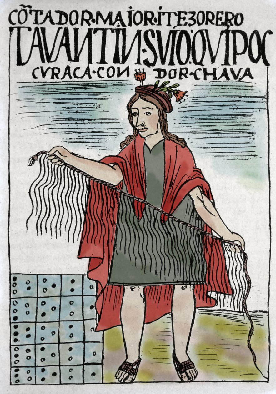 Quipu (Quipo Quipou) Inkaski system rachunkowości w linach i węzłach, kultura Inków 1400-1532 ne, rękopis Felipe Guamana Puma de Ayala (Nowa Kronika i Dobry Rząd), indyjskiego felietonisty z XVI wieku. autorstwa Felipe Huaman Poma de Ayala