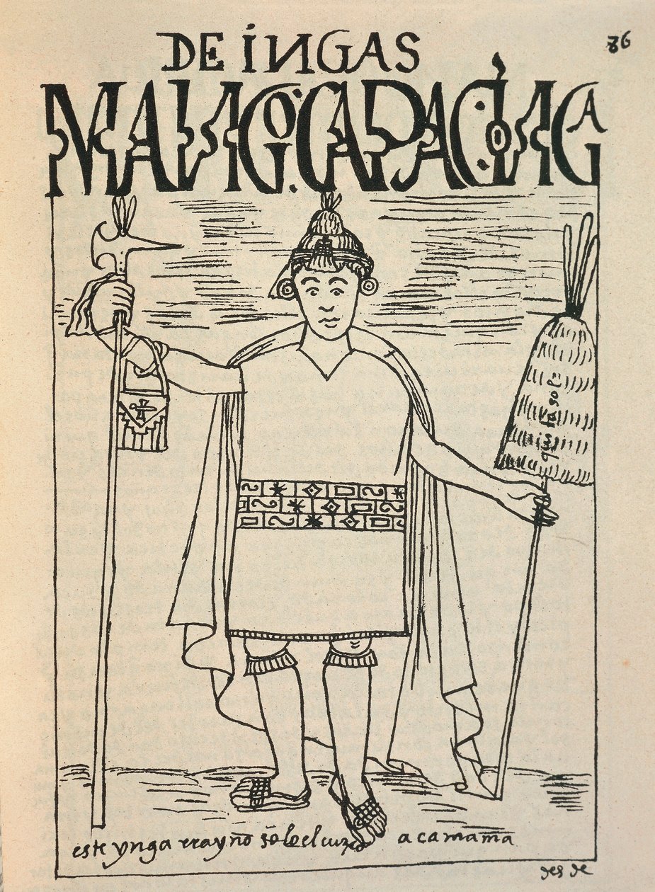 Reprezentacja Manco Capac, legendarnej fundacji Inków Królestwa Cusco i postaci z mitologii Inków (rysunek tuszem autorstwa Felipe Huaman Poma de Ayala