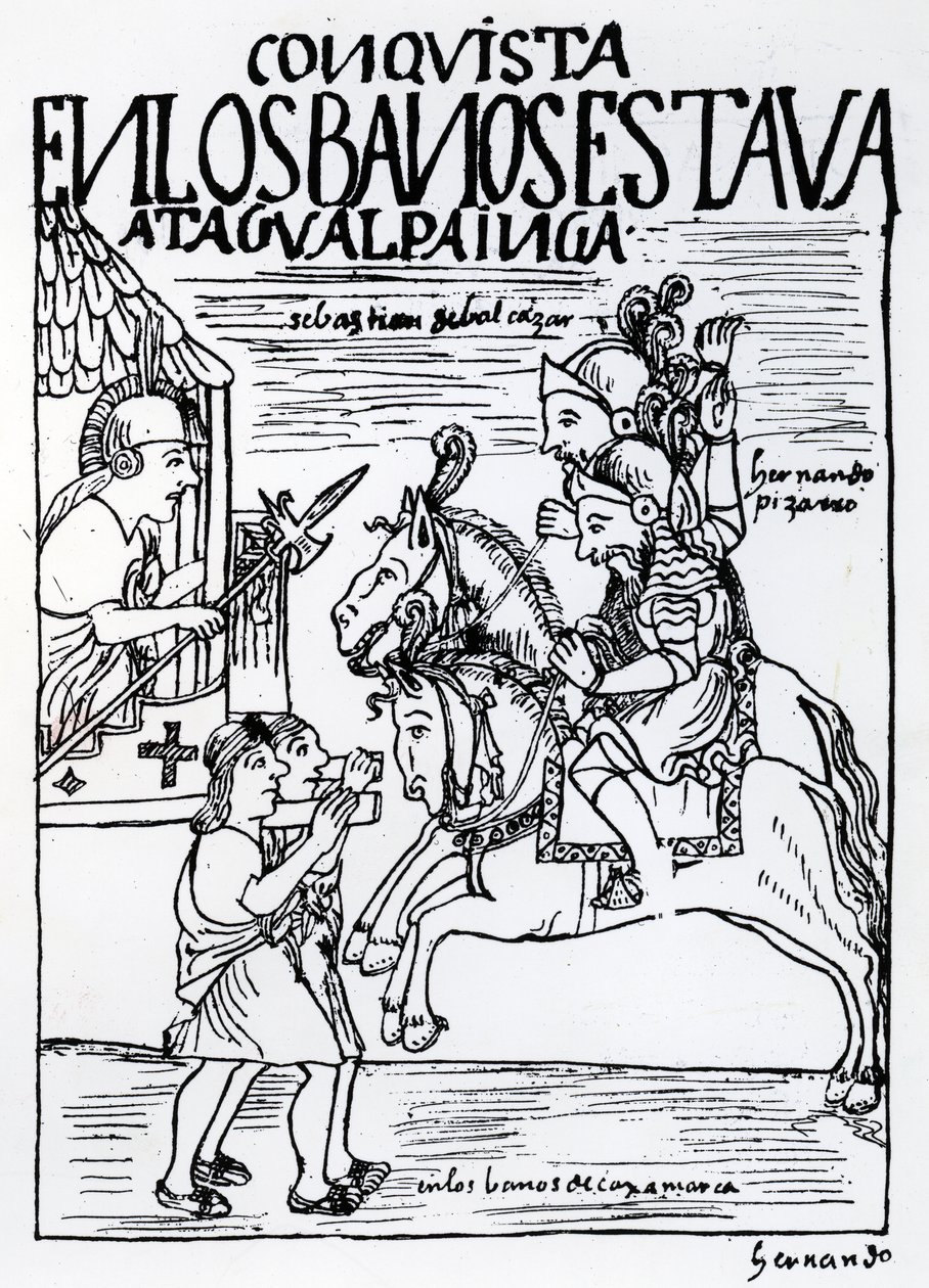 Sebastian de Benalcazar i Hernando Pizarro konfrontują się z Atahualpa Inca w Łazienkach Królewskich w Cajamarca (drzewryt) autorstwa Felipe Huaman Poma de Ayala
