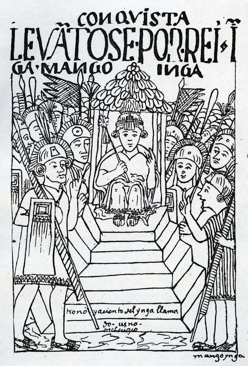 Nowo koronowany Manco Inca na tronie w Cuzco (drzeworyt) autorstwa Felipe Huaman Poma de Ayala