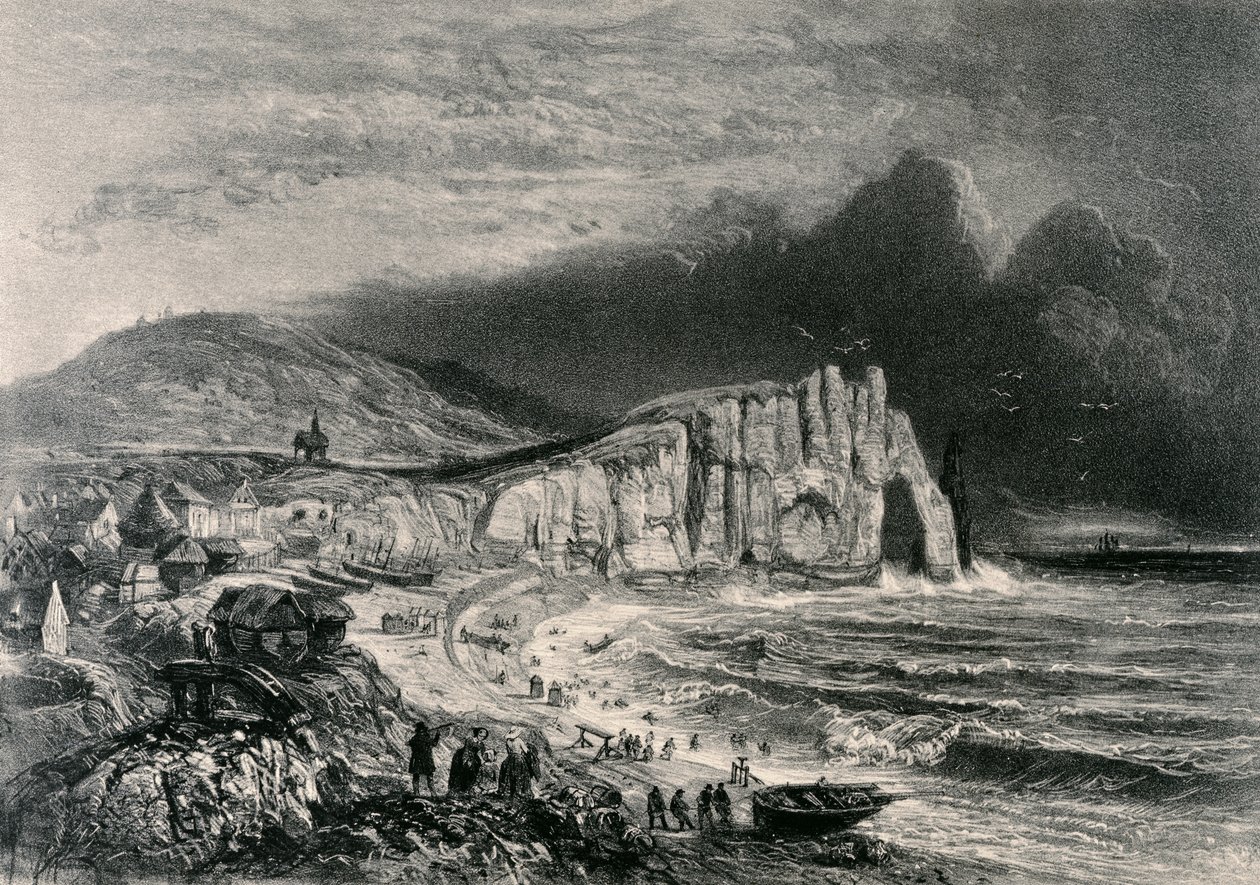 Etretat, ilustracja z rozdziału o Normandii z „La Normandie Illustree”, sztychowana przez Charpentiera, opublikowana w Nantes 1852 autorstwa Felix Benoist