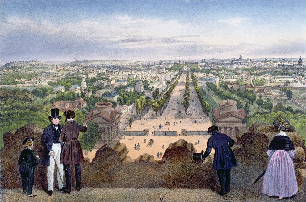 Widok ogólny na Champs-Elysees ze szczytu Łuku Triumfalnego, ilustracja z „Promenades dans Paris et ses environs”, ok. 1840 autorstwa Felix Benoist