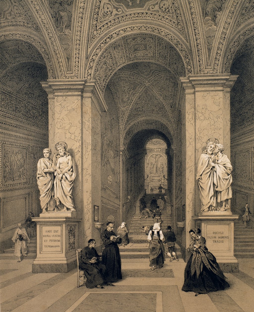 Święte schody Sanktuarium Santi w Rzymie, ilustracja z albumu „Rome dans sa grandeur”, 1870 autorstwa Felix Benoist
