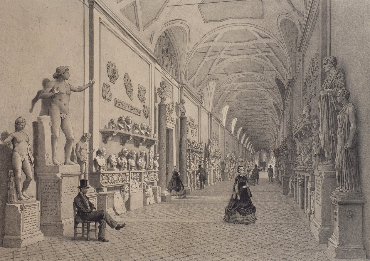 Muzea Watykańskie, Galeria Chiaramonti i wejście do Galerii Braccio Nuovo, Rzym, ilustracja z albumu "Rome dans sa grandeur", wyryta przez Philippe Benoist (ur. 1813) 1870 autorstwa Felix Benoist