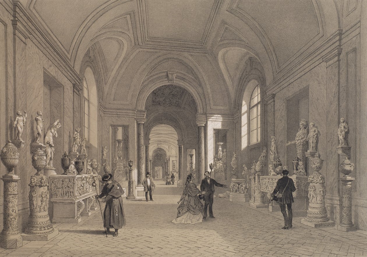 Muzea Watykańskie, Galeria Kandelabrów, Rzym, ilustracja z albumu „Rome dans sa grandeur”, ryty: Philippe Benoist (ur. 1813) 1870 autorstwa Felix Benoist