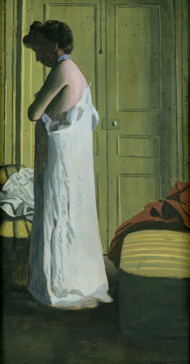 Akt we wnętrzu, kobieta zdejmująca koszulę autorstwa Felix Edouard Vallotton