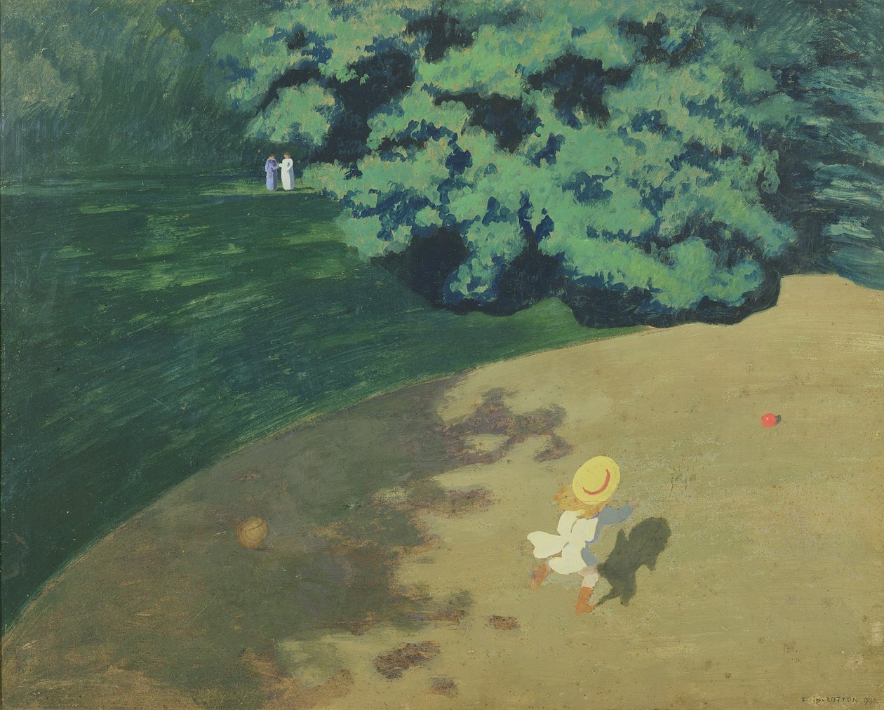 Balon lub róg parku z dzieckiem bawiącym się balonem, 1899 (olej na karcie na panelu) autorstwa Felix Edouard Vallotton