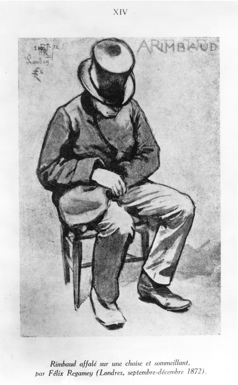 Arthur Rimbaud (1854-91) osunął się na krzesło i drzemał w Londynie, 1872 (pranie i tusz na papierze) autorstwa Felix Regamey
