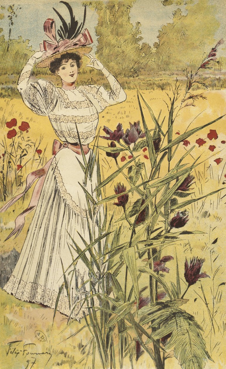 Talerz modowy, na wsi, ilustracja z „La Nouvelle Mode”, 1897 (kolorowy grawerunek) autorstwa Felix Fournery