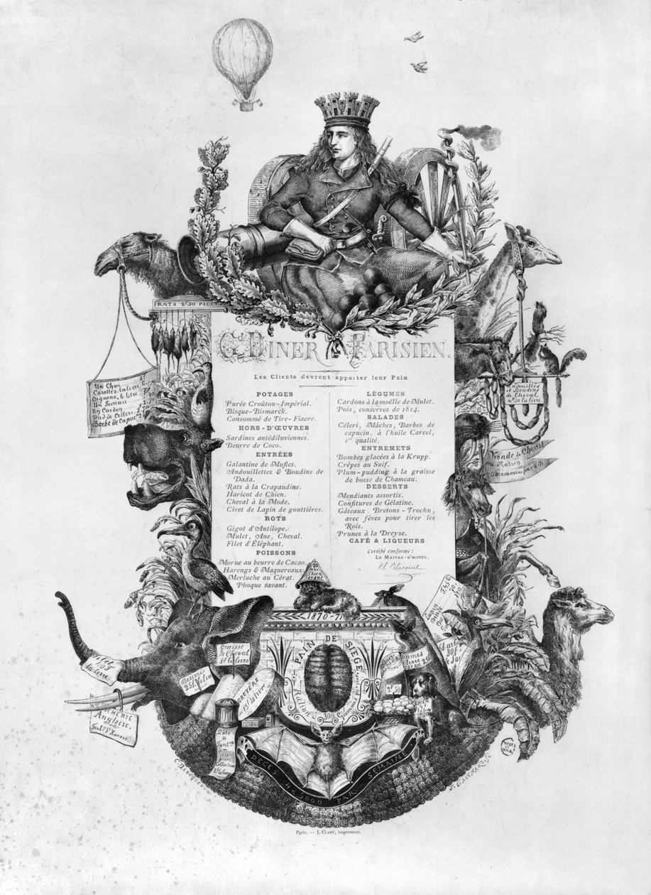 Grand Diner Parisien, menu wyświetlane podczas oblężenia Paryża, 1870-71 (zdjęcie bw) autorstwa Felix Jean Gauchard