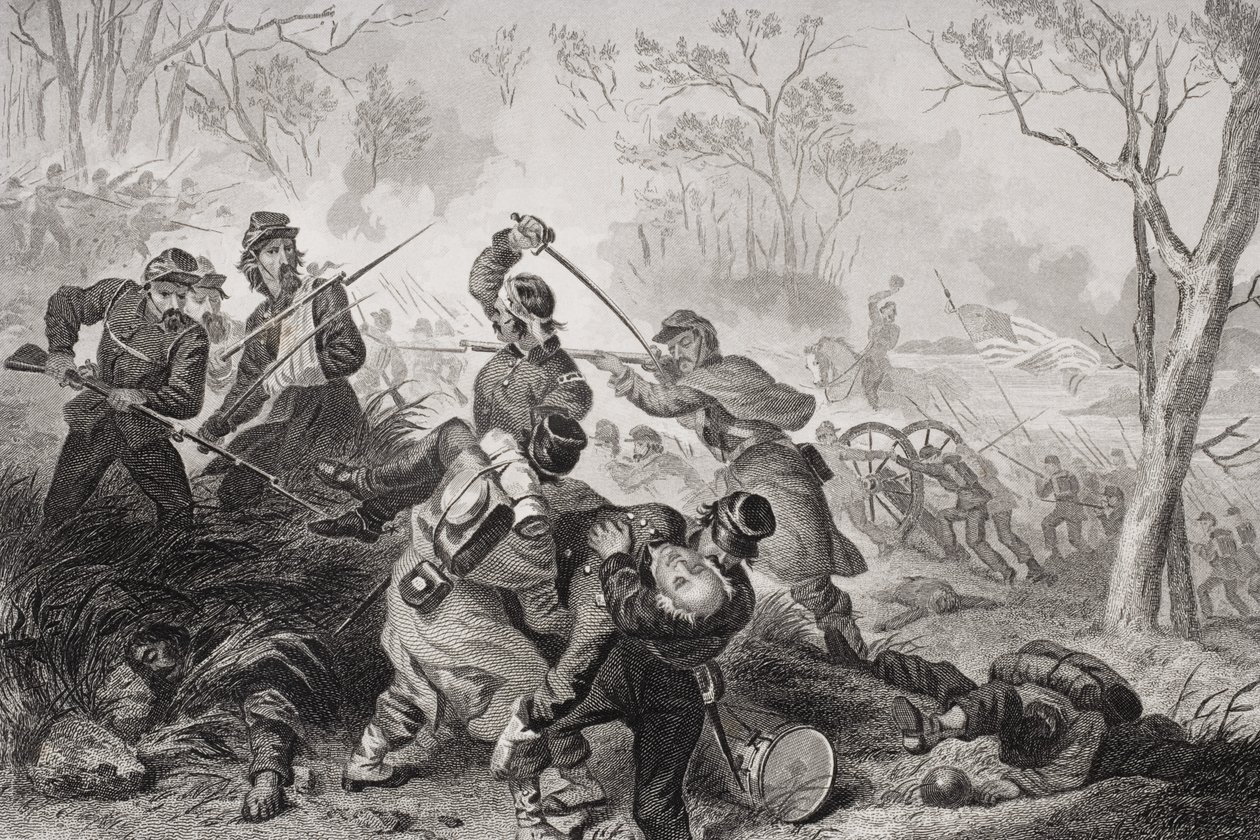 Śmierć pułkownika Edwarda D. Bakera (1811-61) w bitwie pod Balls Bluff, Virginia, 1861 r autorstwa Felix Octavius Carr Darley