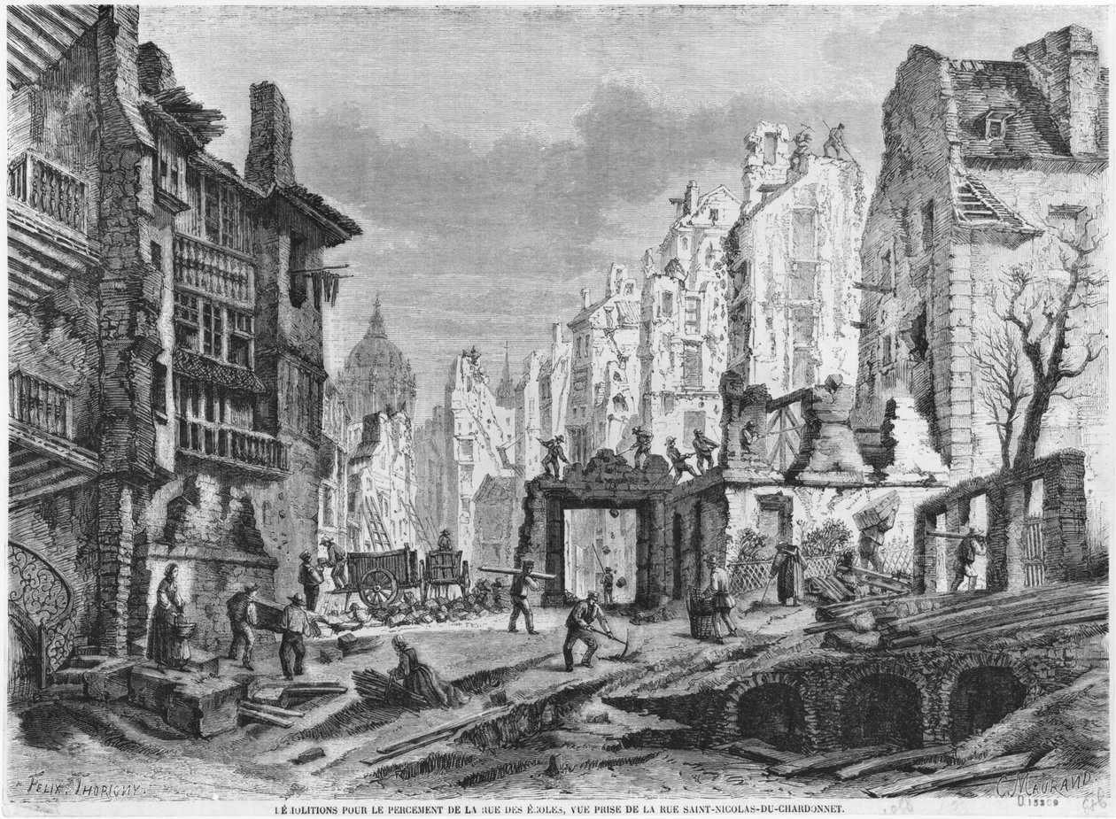 Paryż, rozbiórki pod budowę Rue des Ecoles, widok z rue Saint-Nicolas du Chardonnet, sztychowany przez Charlesa Mauranda (XIX w.) autorstwa Felix Thorigny