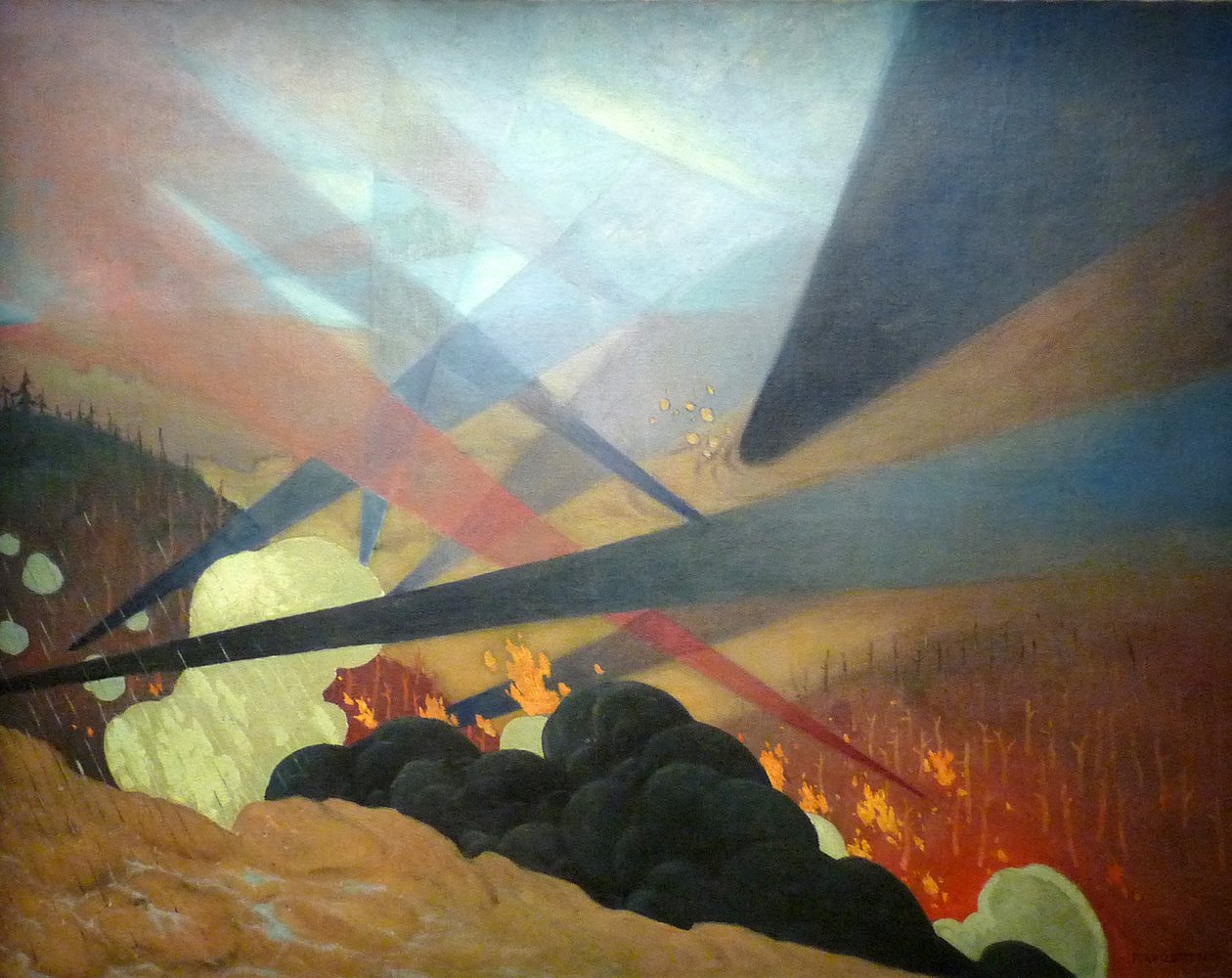 Verdun, interpretowane malarstwo wojenne, czarno-niebieskie i czerwone projekcje, zdewastowany teren, chmury gazn autorstwa Felix Edouard Vallotton