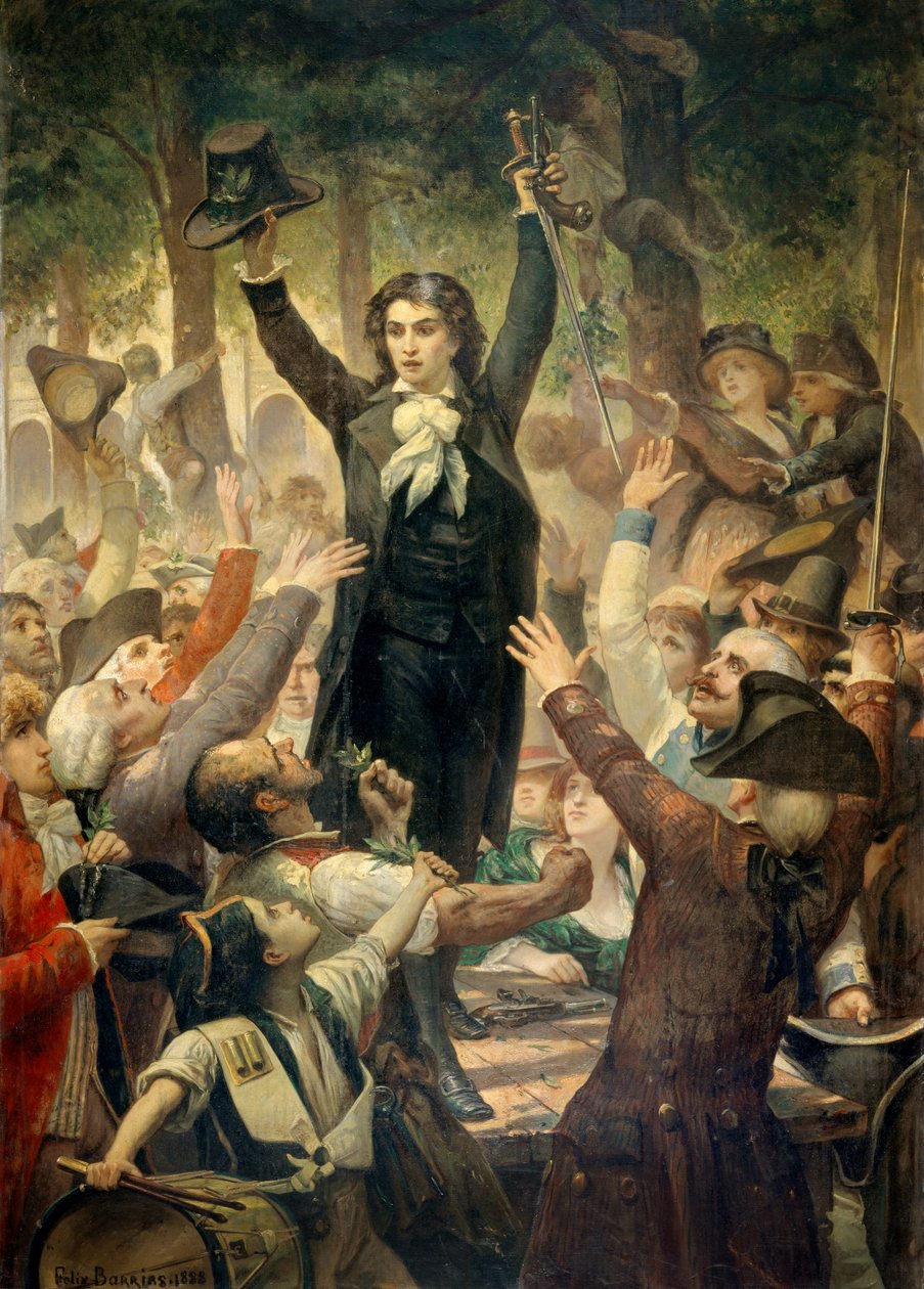 Camille Desmoulins (1760-1794) kręcił patriotami w ogrodach Palais Royal Premiere sceny rewolucji francuskiej w Paryżu: 12.07.1789, po dymisji króla Jacquesa Neckera, Camille Desmoulins kręcił tłumem w Palais Royal autorstwa Félix Joseph Barrias