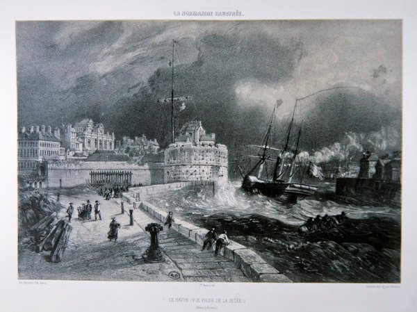 Molo w Le Havre, z 1. tomu „La Normandie Illustree”, sztychowane przez Charpentiera, wydane w Nantes 1852 (lito) autorstwa Felix (after) Benoist