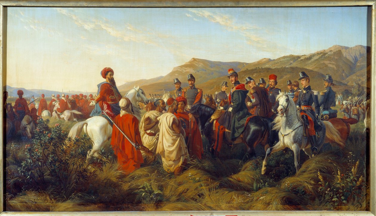 Conquete of Algieria (1830-1847): Epizod kampanii Algierii w 1840 r. - książę Orleanu Ferdynand Filip (Ferdynand Filip) (1810-1842), syn króla Ludwika Filipa (Ludwik Filip) 1. przyznaje wolność dwóch arabskich więźniów w pobliżu obozu Bl autorstwa Felix (after) Philippoteaux