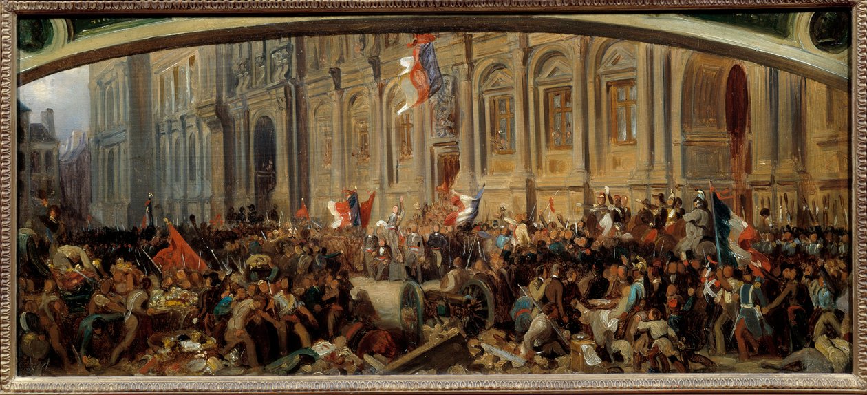 Rewolucja 1848: „”Alphonse de Lamartine (1790-1869), francuski pisarz i polityk, odrzuca czerwoną flagę w Ratuszu 25.02.1848.” Obraz Felixa Philippoteaux (ok. 1815-1884) autorstwa Felix (after) Philippoteaux