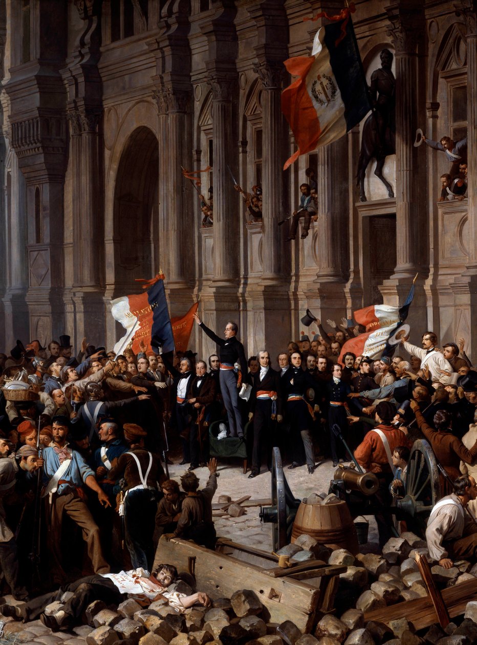 Rewolucja 1848: Alphonse de Lamartine (1790 - 1869), odmawiający wystawienia czerwonej flagi na trójkolorową flagę, w ratuszu. Paryż, 26 lutego 1848. Fragment malarstwa Henri Felix Philippoteaux (1815 - 1884), Paryż, Musee Du PetitPalais - Rewolucja 1848 autorstwa Felix (after) Philippoteaux
