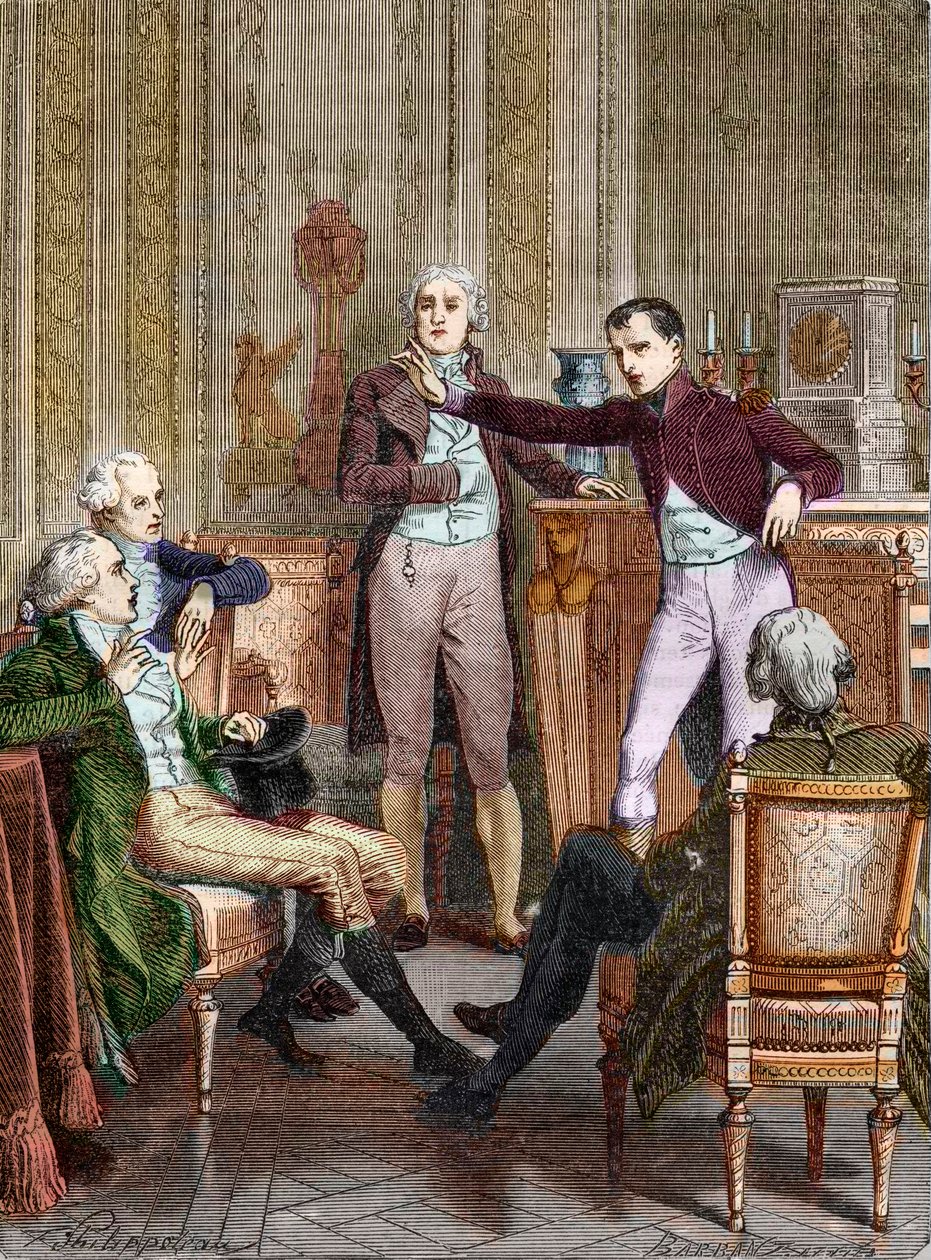 Pierwszy konsul Bonaparte w rozmowie z matematykiem Gaspardem Monge - Dyskusja entre Bonaparte, premier konsul, et Gaspard Monge (1746-1818) rycina Felixa Philippoteaux (1815-1884). autorstwa Felix (after) Philippoteaux