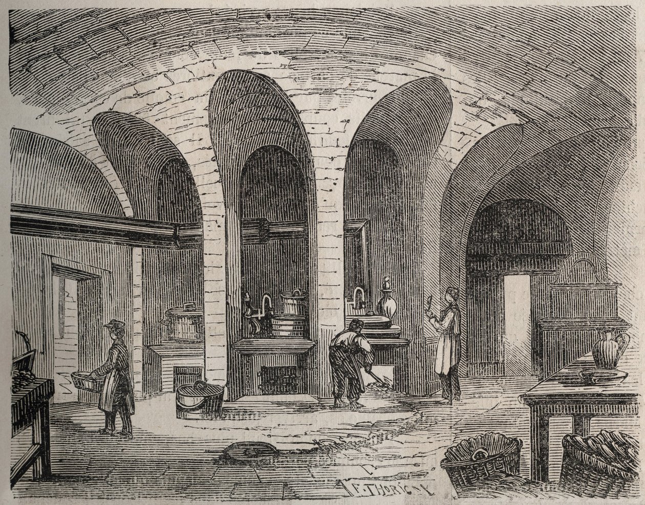 Paryż - Prison de la petite Roquette (więzienie dla kobiet i młodzieży) - Les Kuchnie - Grawerowanie wg Felixa Thorigny - w Le Monde Illustre od lipca 1865 autorstwa Felix (after) Thorigny
