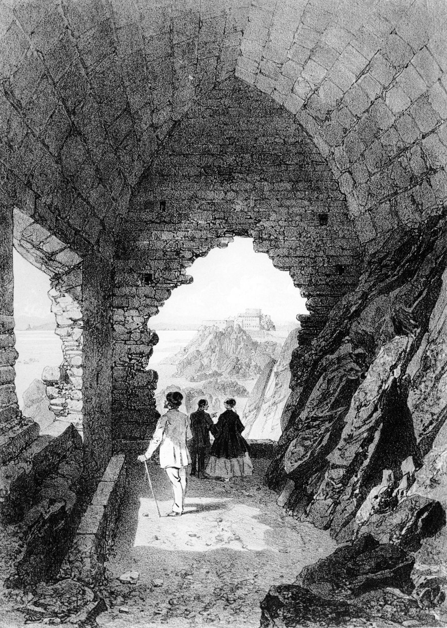 Pustelnia św. Heliera i zamek Elżbiety, Jersey, 1870 (litografia) autorstwa Felix Benoist