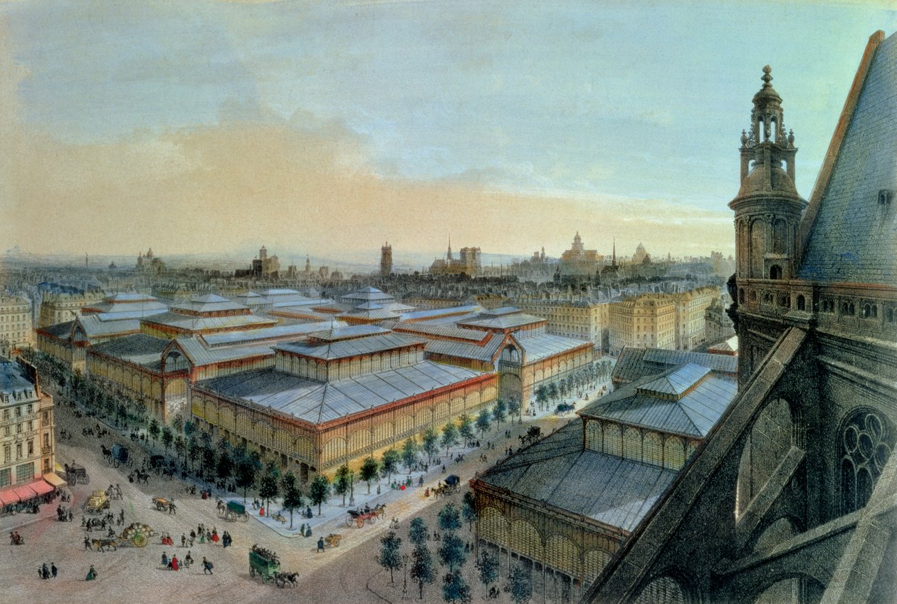 Widok Les Halles w Paryżu z galerii górnej Saint Eustache, ok. 1930 r. 1870-80 autorstwa Felix Benoist