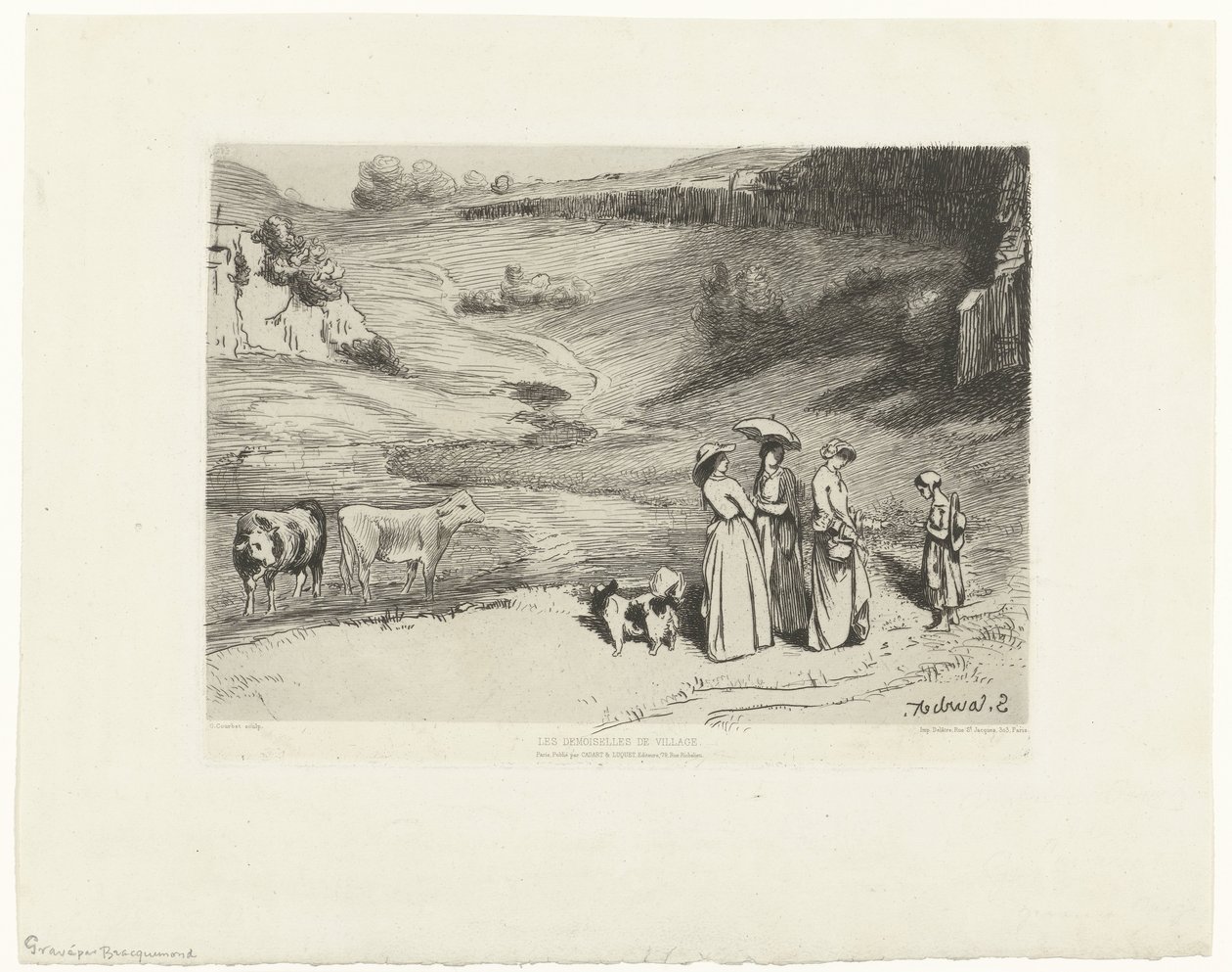 Młode kobiety dają pieniądze pasterzom w pagórkowatym krajobrazie Les demoiselles du villages (tytuł na obiekcie) autorstwa Felix Bracquemond